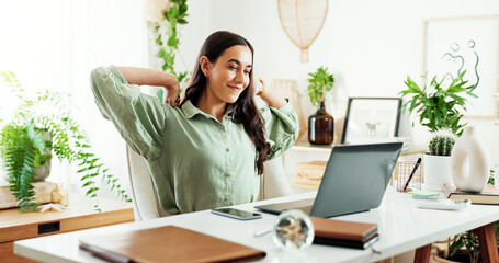 Poster - Smile, stretching and woman at desk in home office with research, achievement and deadline for freelance project. Remote work, relax and happy consultant at laptop with good news, email and success