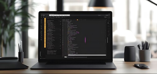 Poster - A modern workspace featuring a sleek laptop displaying code, surrounded by a stylish desk and ambient lighting.
