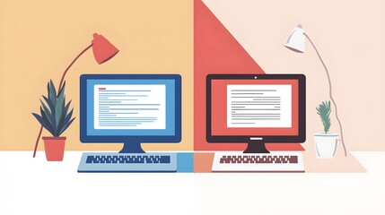 Poster - A modern workspace featuring two computers, vibrant colors, lamps, and plants for a creative and productive environment.