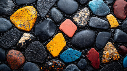 An overhead view of a stunning black terrazzo surface adorned with colorful chips, showcasing a modern and artistic design. The vibrant chips contrast beautifully against the deep black background, cr