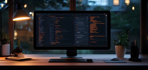Poster - A sleek workspace featuring a computer monitor displaying code, accentuated by warm light and green plants for a cozy vibe.