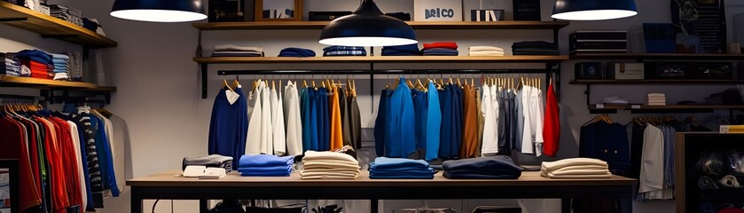 a stylish clothing store interior showcasing neatly arranged apparel on racks and tables, illuminate