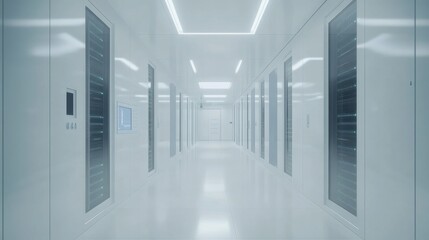 Poster - Ultra-modern white server room with rows of high-tech servers, spotless floors, and a minimalist design for advanced data processing.
