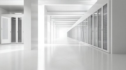 Poster - Ultra-modern white server room with rows of high-tech servers, spotless floors, and a minimalist design for advanced data processing.