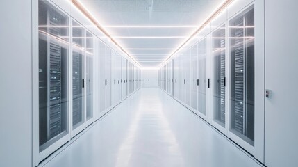 Poster - Ultra-modern white server room with rows of high-tech servers, spotless floors, and a minimalist design for advanced data processing.