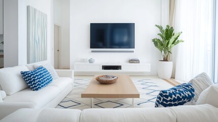 Poster - A modern living room with a white sectional sofa and a large screen TV mounted above a white entertainment unit