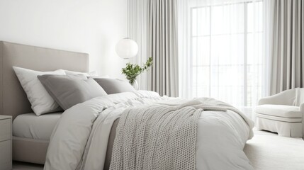 Poster - The image shows a large, white bed with a thick, knit throw blanket at the foot. The bed has a white headboard, gray pillows, and crisp white sheets