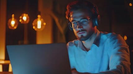 Poster - Bearded Man in Glasses and Headphones Working on Laptop