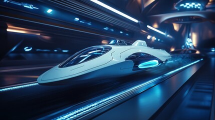 Poster - A sleek, futuristic spaceship navigates through the interior of a vibrant space station, illuminated by glowing blue lights. The scene showcases advanced technology in an otherworldly setting.