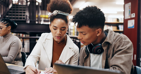 Canvas Print - University, students and helping with studying in library for exam preparation, homework assignment or research project. College friends, people and writing for learning support and scholarship test