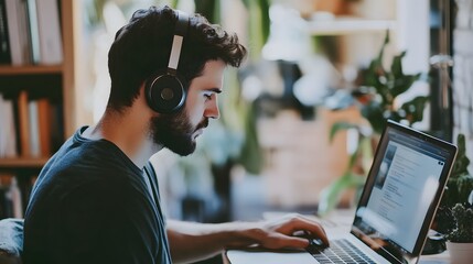 Poster - Bearded Man Wearing Headphones, Working on Laptop in a Cafe