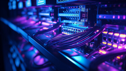 close-up of glowing server racks and network cables in a futuristic data center, representing high-t
