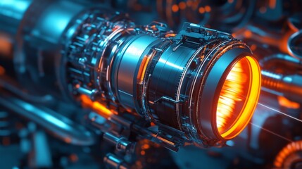 Poster - A detailed jet engine component emits a bright orange glow in a technologically advanced environment