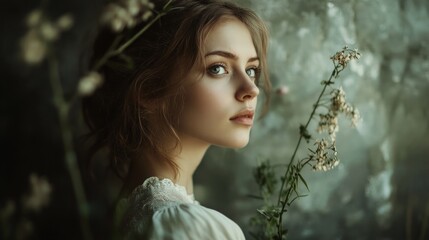 A young woman with long brown hair and blue eyes looks thoughtfully off to the side, framed by delicate white flowers.