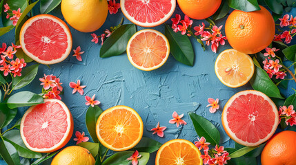 Wall Mural - Citrus fruits and flowers making a refreshing frame on blue background