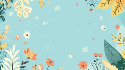 Sticker - A vibrant floral background featuring various leaves and flowers on a light blue canvas, perfect for spring and summer designs.