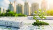 © Shutter2U - Green saplings growing on blueprint with city skyline in background.