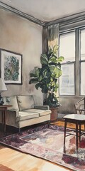 Canvas Print - A beautifully lit living room featuring modern decor, a large indoor plant, and a comfortable sofa, perfect for a cozy and inviting atmosphere.