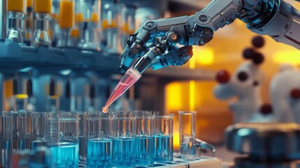 Aufkleber - A robotic arm carefully transfers a drop of liquid from a pipette into a test tube in a high-tech laboratory setting