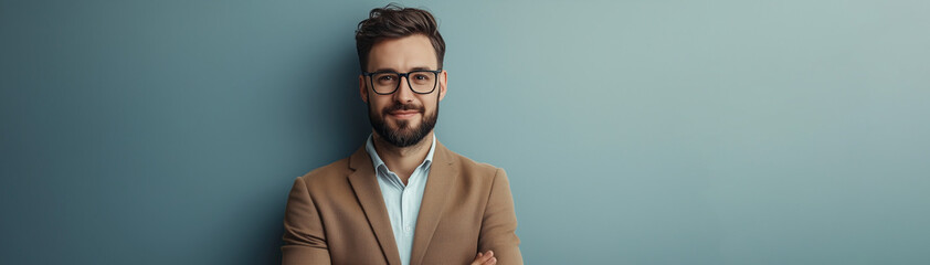 Confident Young Professional in Stylish Attire Against a Blue Background