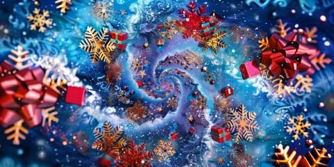 Poster - A spiral of Christmas decorations with red bows and boxes. The spiral is surrounded by snow and the colors are bright and festive