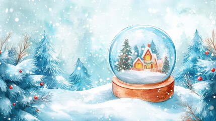 Poster - A snow globe with a house and trees in the background. The scene is set in a winter landscape with a cozy, festive atmosphere