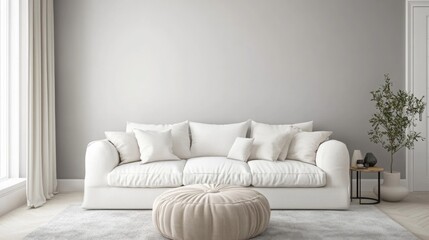 Poster - A bright living room showcases a spacious white sofa adorned with various cushions