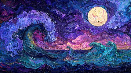 Abstract Night Sky Ocean Wave Painting with Full Moon