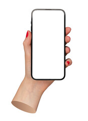Poster - Woman holding a smartphone with red manicured nails, isolated on white background. Clean and modern