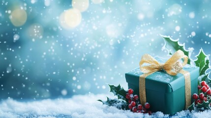 Poster - A green gift box with a gold ribbon sits on a snowy surface. The box is adorned with a sprig of holly and red berries. The background is a blurred blue and white, with a hint of bokeh lights.