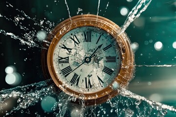 Fototapete - Shattered Clock Face With Water Splashing Around During the Moment That Time is Now