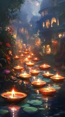 Poster - A painting of a city street with many lit candles in small bowls. The mood of the painting is peaceful and serene