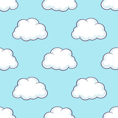 Wall Mural - white clouds with black outline on sky blue background. vector seamless pattern.