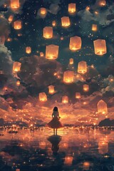 Wall Mural - A mesmerizing scene of floating lanterns illuminating the night sky, reflected on a calm water surface with a lone figure in the foreground.