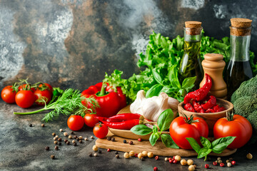 A vibrant display of fresh tomatoes, garlic, chili peppers, and basil is set against a rustic background, complemented by olive oil and spices for a culinary delight