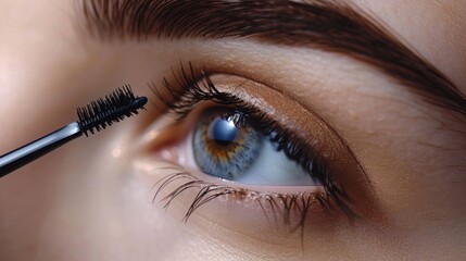 close-up of a woman's blue eye with mascara being applied to her eyelashes.