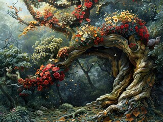 Wall Mural - Enchanted Forest: A Mystical Tree with Blooming Flowers