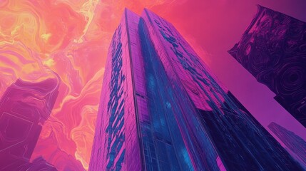 Wall Mural - Futuristic skyscraper set against a bold, abstract background of neon hues and intricate shapes.