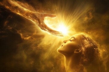 Poster - a woman reaching out to a glowing light