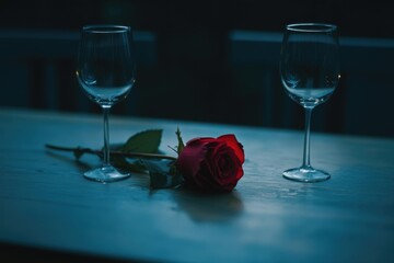 a single red rose on a table, surrounded by two empty wine glasses. Perfect for expressing love, romance, and intimate moments.