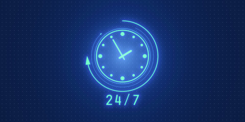 Poster - Neon clock icon representing 24 7 time management concept in digital style. 3D Rendering