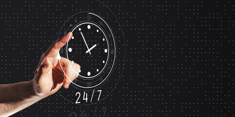 Poster - Hand interacting with a digital clock icon displaying 24 7 concept on a dark background.