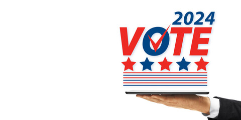 Aufkleber - Vote 2024 concept with hand holding a sign on a plain background.