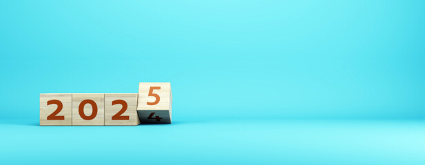 Poster - Wooden blocks displaying the year 2025 concept on a blue background. 3D Rendering