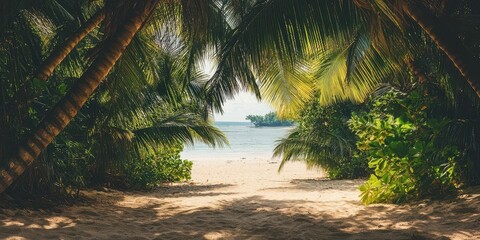 Wall Mural - a serene tropical beach view framed by lush palm trees, inviting relaxation and tranquility by the s