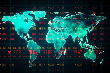 Aufkleber - Digital world map with financial data display. 3D Rendering