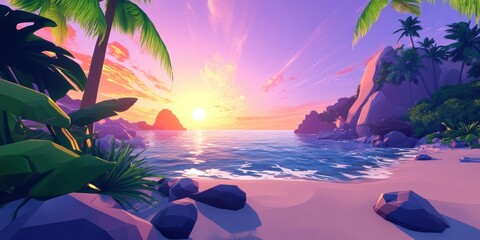 Wall Mural - a stunning sunset over a tranquil beach with palm trees and clear water, creating a serene tropical 