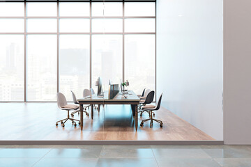 Sticker - Modern empty office interior with large windows overlooking a city skyline. 3D Rendering