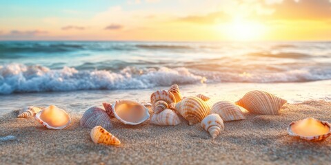 Wall Mural - beautiful seashells scattered on sandy beach at sunset, capturing the tranquility of nature and coas