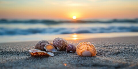 Wall Mural - beautiful seashells scattered on soft sand during a stunning sunset by the ocean, creating a serene 